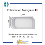 Piscine Coque Polyester Concerto 75 – Rectangulaire 7,50 x 3,70 m, Profondeur 1,50 m, Volume 37 m³, Banquette Intégrée, Gelcoat Haute Résistance UV, Traitement Anti-Osmose, Livraison dans les